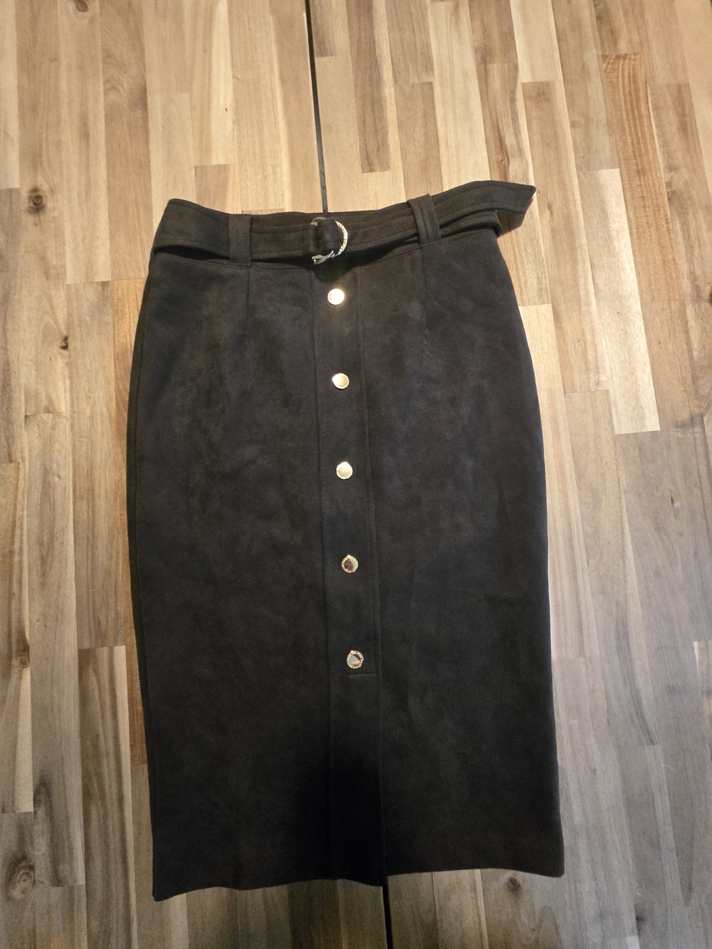 Marc New York Faux Suede Gold Button Midi Skirt with Belt - Olive Green